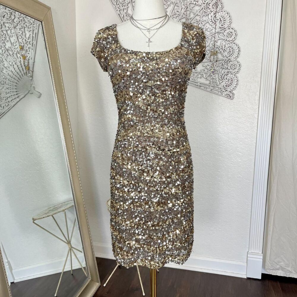 Scala 100% Silk Gold & Silver Sequin Mini Dress Size 0 / fits S